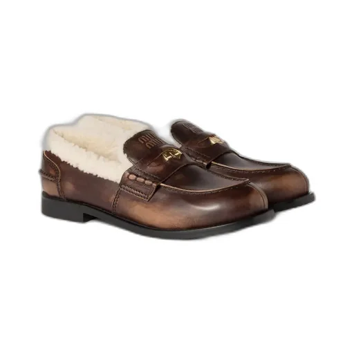 Bleached Leather And Shearling Penny Loafers