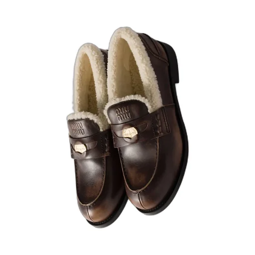 Bleached Leather And Shearling Penny Loafers