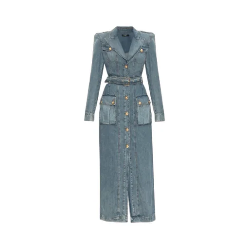 Balmain Belted Waist Long Denim Dress