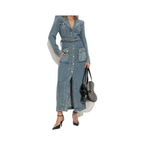 Balmain Belted Waist Long Denim Dress