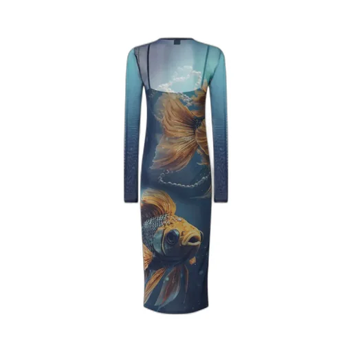 Fish-Print Mesh Midi Dress