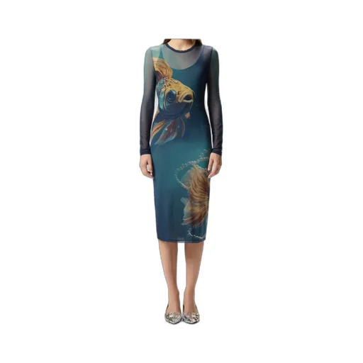 Fish-Print Mesh Midi Dress