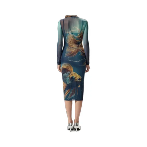 Fish-Print Mesh Midi Dress