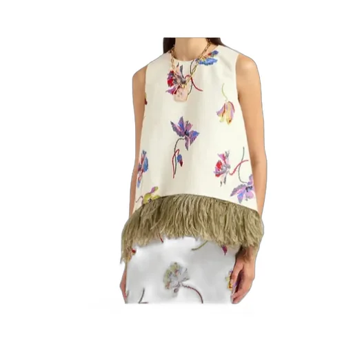 Feather-Trim Floral-Print Top