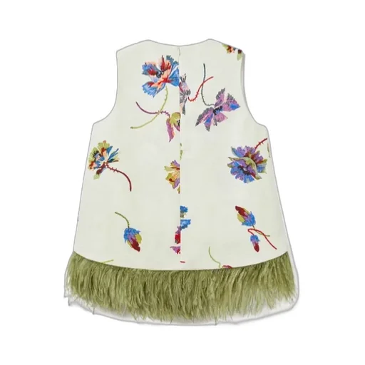 Feather-Trim Floral-Print Top