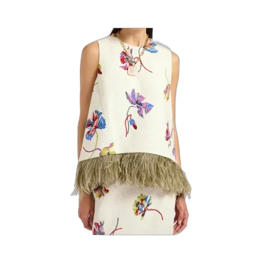Feather-Trim Floral-Print Top