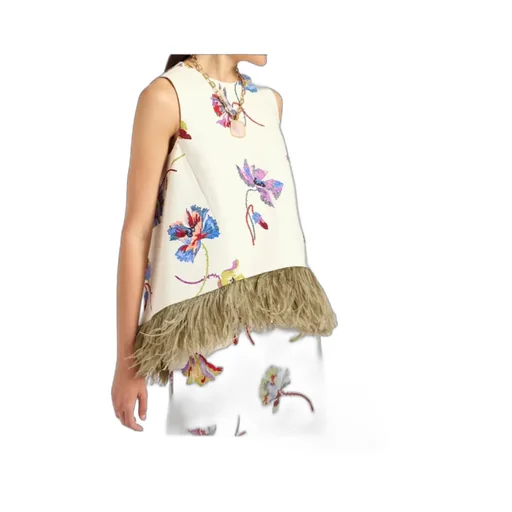 Feather-Trim Floral-Print Top