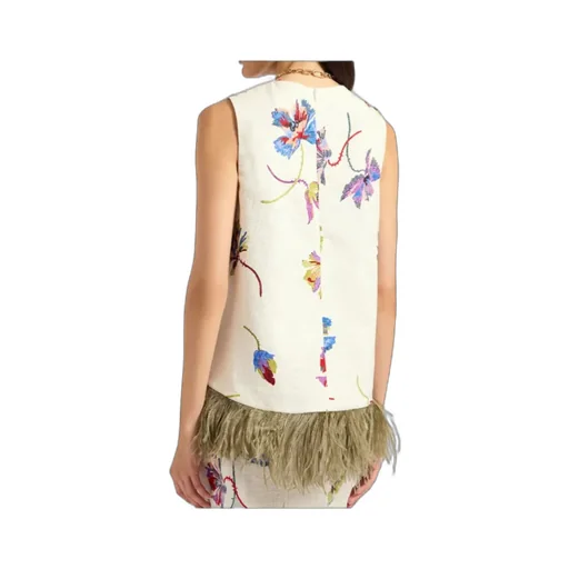 Feather-Trim Floral-Print Top