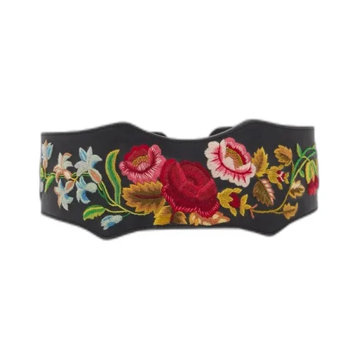 Leather Belt With Floral Motif Embroidery 95 Mm