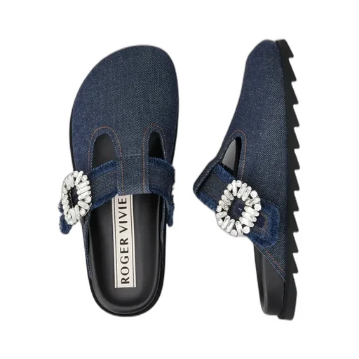 Roger Vivier Slidy Viv' Embellished Denim Mules