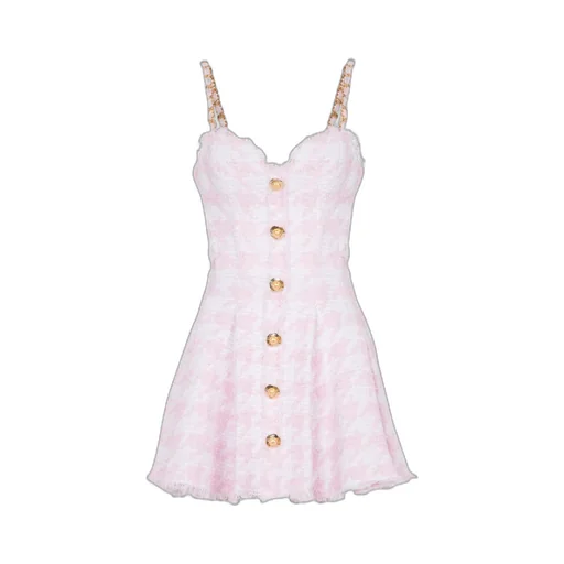 Balmain Strappy Houndstooth Tweed A-Line Dress