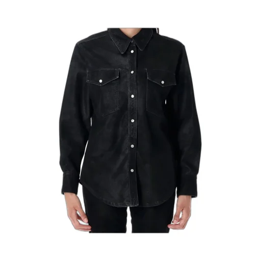 Delcia Leather-Texture Flap-Pocket Shirt
