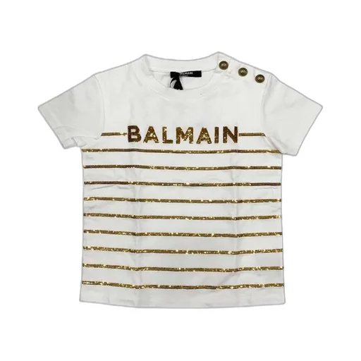Balmain Kids Logo Sequin-Striped Round Neck T-Shirt