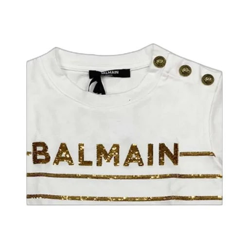 Balmain Kids Logo Sequin-Striped Round Neck T-Shirt
