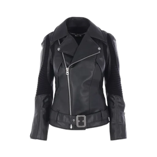 Zippered Long-Sleeved Leather Jacket