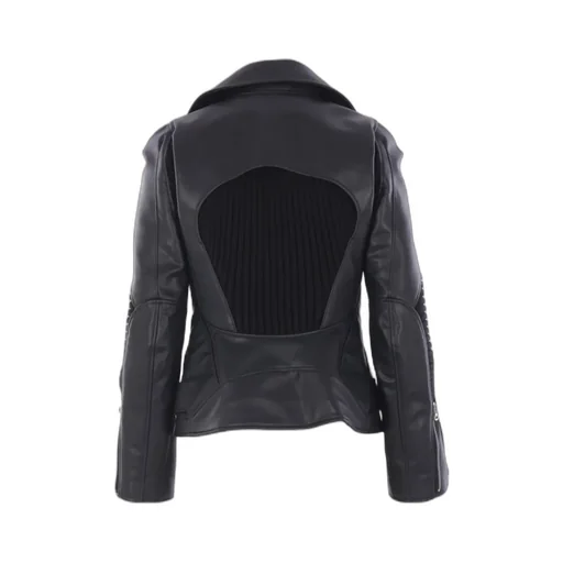 Zippered Long-Sleeved Leather Jacket