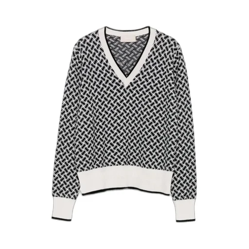 Geometric-Pattern V-Neck Cashmere Sweater