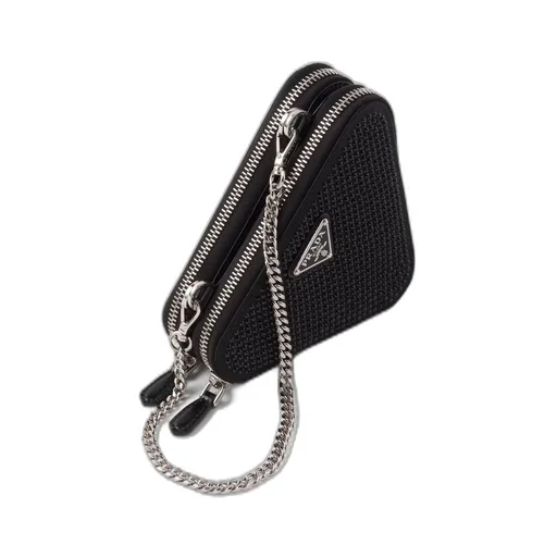 Triangular embellished satin and leather mini-pouch