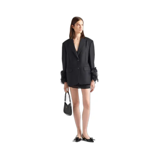 Single-breasted wool jacket with feather trim