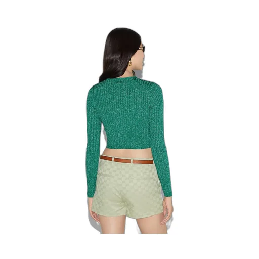 Rib lamé crewneck cardigan