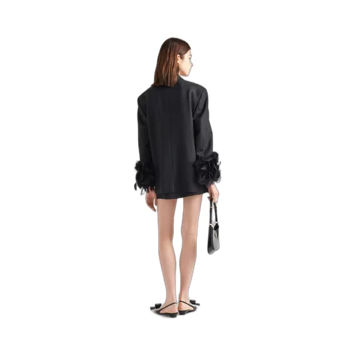 Single-breasted wool jacket with feather trim