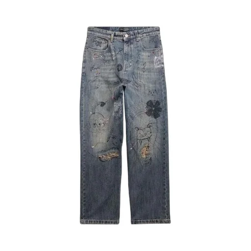Doodle-Print Straight Denim Pants