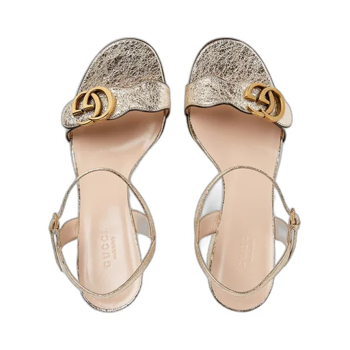 Metallic laminate leather mid-heel sandal