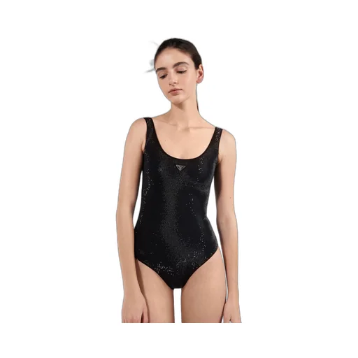 Jersey one-piece swimsuit with rhinestones