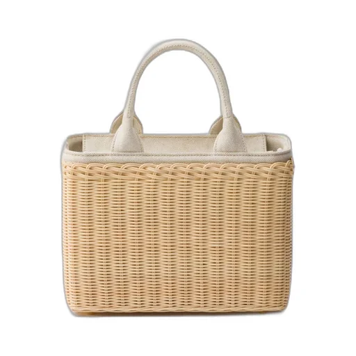 Medium wicker and linen blend tote bag