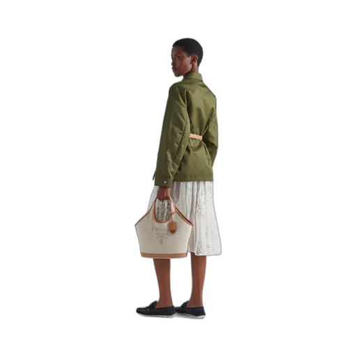 Medium linen blend and leather tote bag