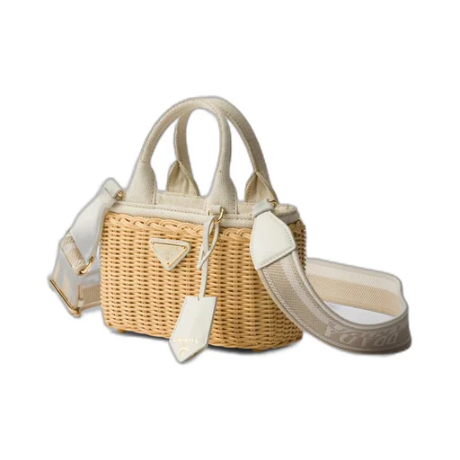 Mini wicker and linen blend tote bag
