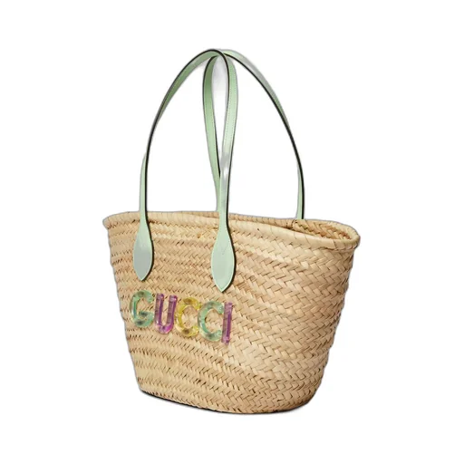 Small straw tote bag with Gucci logo
