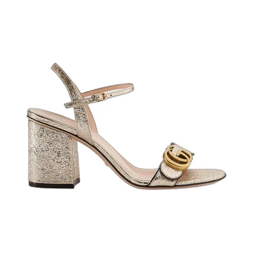 Metallic laminate leather mid-heel sandal