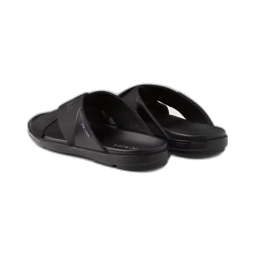 Brushed leather and Re-Nylon tape crisscross slides
