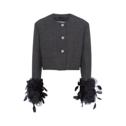 Feather-trimmed single-breasted wool jacket
