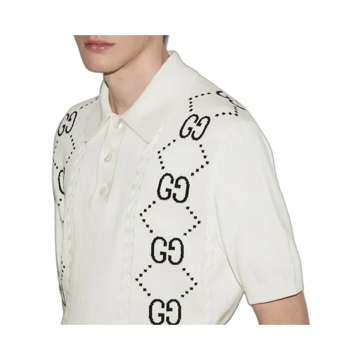 Cotton knit polo top with GG intarsia