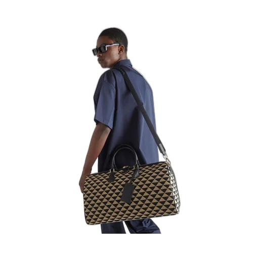 Large Prada Symbole embroidered fabric travel bag
