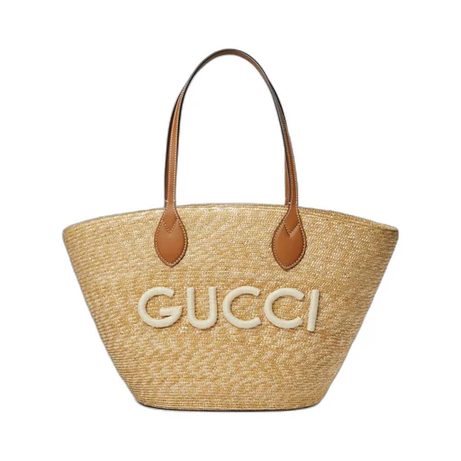 Medium straw tote with Gucci patch