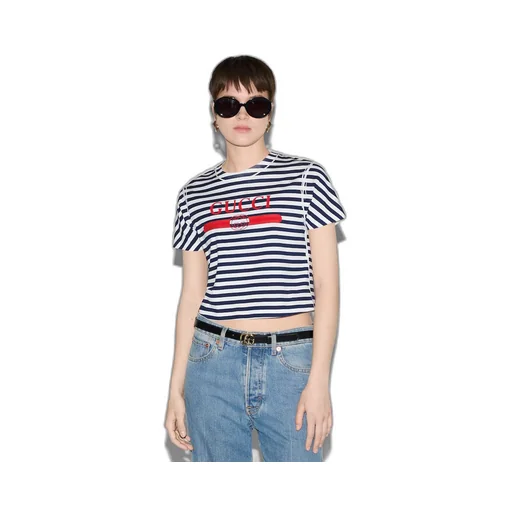 Striped cotton jersey T-shirt with Gucci print
