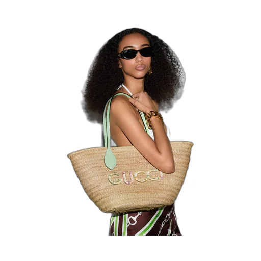 Small straw tote bag with Gucci logo