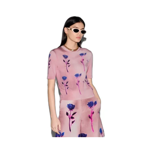 Floral print fine wool silk top