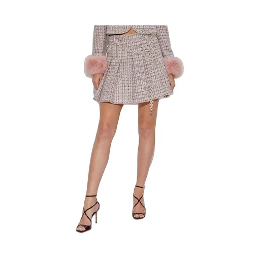 Pleated Tweed Mini Skirt With Chain Belt