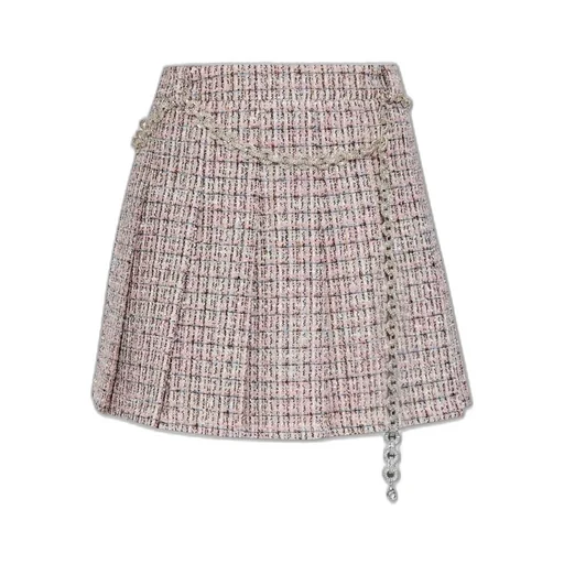 Pleated Tweed Mini Skirt With Chain Belt