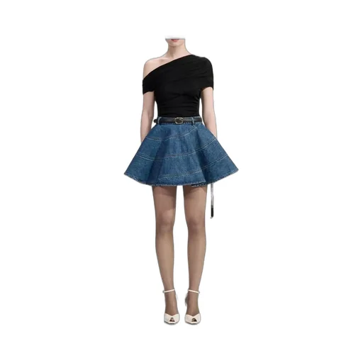 One-Shoulder Draped Top And Denim Mini Skirt Set