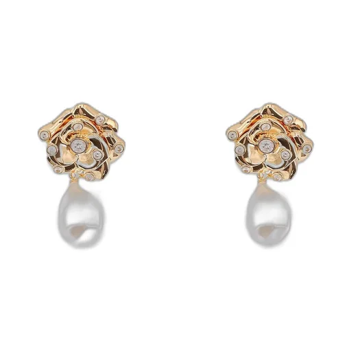 Rose Stud Earrings With Pearl Drop