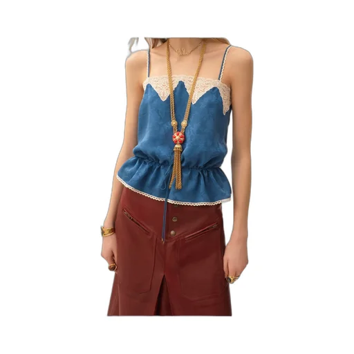 Drawstring Camisole Top In Silk Jacquard & Lace