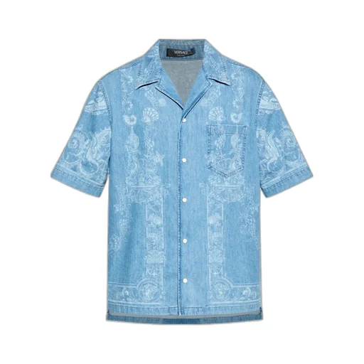 Versace Pattern-Printed Short-Sleeved Denim Shirt