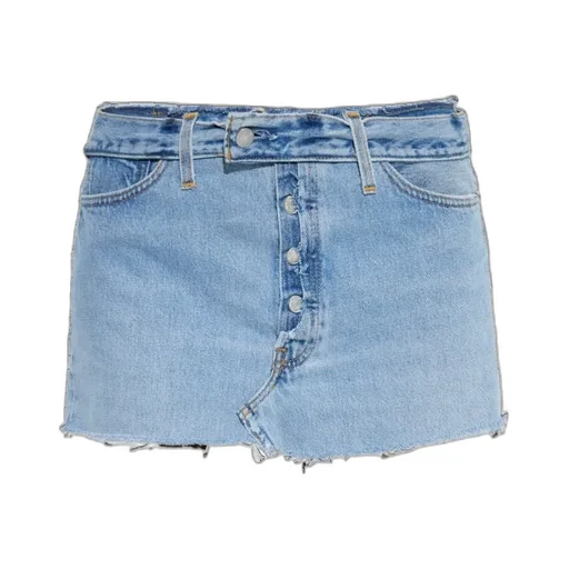 Button-Fastening Frayed Denim Skirt