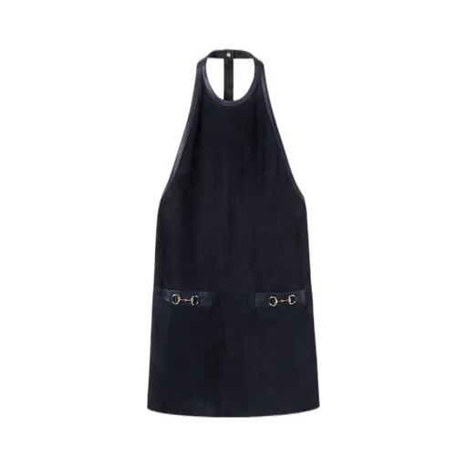 Halterneck Leather-Trimmed Suede Mini Dress