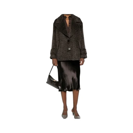 Herringbone-Pattern Button Coat